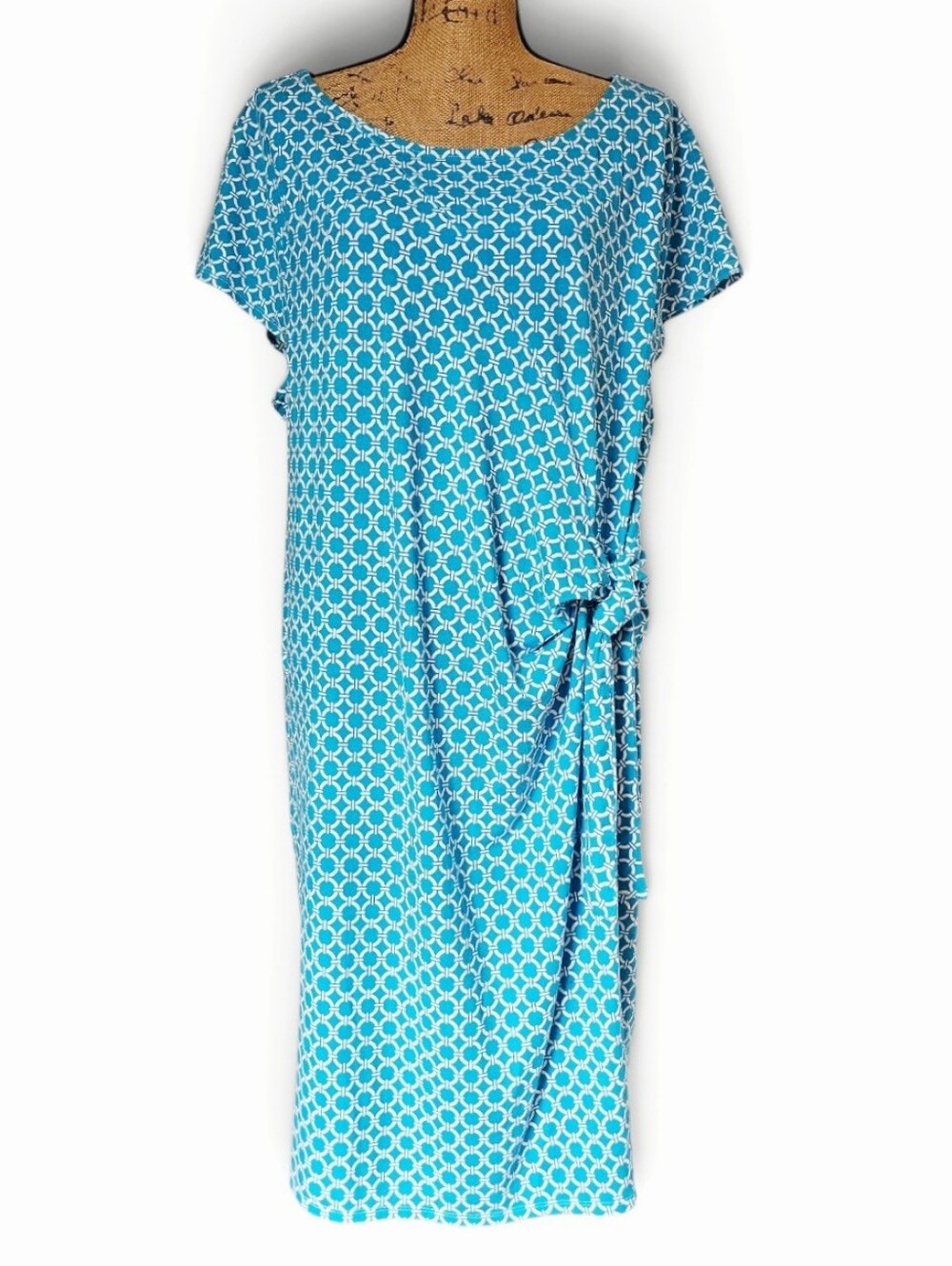 Talbots Busines Casual Blue White Geometric Tie-Side Jersey Sheath Dress, 3X